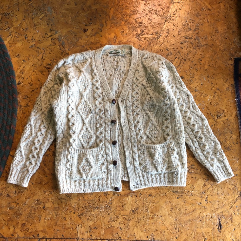 Irish Wool Aran Crafts Cream Cable-Knit Cardigan Sweater